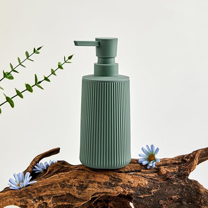 Small Soap Dispenser for Bathroom and Kitchen, Modern Farmhouse Striped Style Plastic Hand Soap Dish Soap Dispenser with Pump Matte Green - Image 5