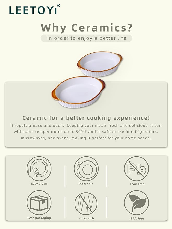 LEETOYI Porcelain Small Oval Au Gratin Pans, Baking Dish Set for 1 or 2 person servings, Bakeware with Double Handle for Kitchen and Home, Set of 2 (White/Brown) - Image 5