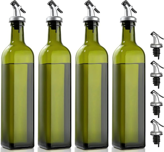 GMISUN Olive Oil Dispenser Bottle 4 Pack, Olive Oil Dispenser for Kitchen 17oz, Glass Cooking Soy Sauce Bottle Container Cruet with Plastic Pourer Spout, Green by GMISUN