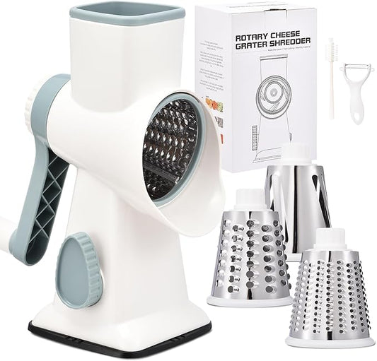 Rotary Cheese Grater with Handle Kitchen Shredder Slicer Grater Slicer Ice Shaver Cheese Vegetable Nuts Potato Zucchini Chocolate 3 Interchangeable Blades (WhiteBlue) by Ziweaye