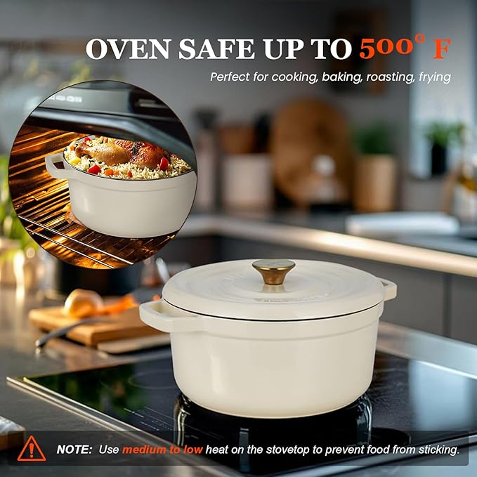 Overmont Enameled Cast Iron Dutch Oven - 5QT Pot with Lid Cookbook & Cotton Potholders - Heavy-Duty Cookware for Braising, Stews, Roasting, Sourdough Baking Cream white - Image 8
