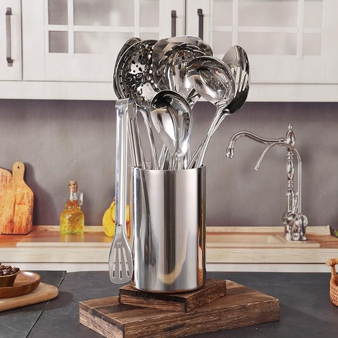 Double Wall Utensil Holder - 304 Stainless Steel Sleek Kitchen Utensil Holder for Countertop, Spatula Spoon Storage Organizer, Large Cooking Utensil Caddy Counter, Shining Utensil Crock, Mirror Polish - Image 6