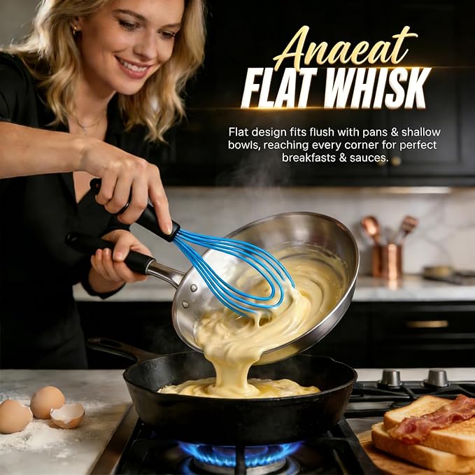 Anaeat Silicone Kitchen Whisk Set of 4, Perfect for Non-Stick Cookware, Milk and Egg Beater Blender for Whisking, Cooking, Baking, Beating - 11'' Flat Whisk and 9''+11''+12'' Balloon Whisks (Blue) - Image 5