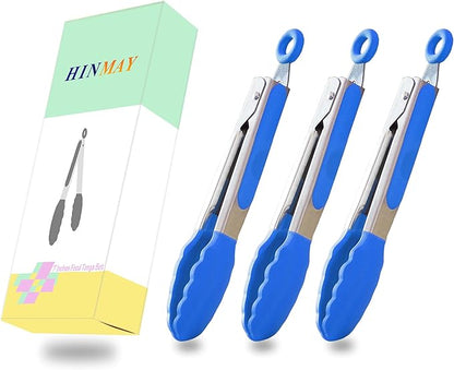 HINMAY Small Tongs with Silicone Tips 7-Inch Serving Tongs, Set of 3 (Blue) - Image 7