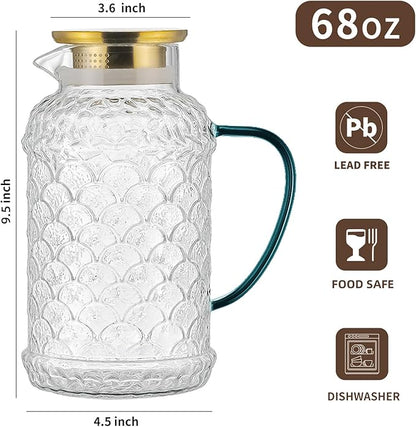 Buaic 2 PACK Glass Pitcher with Lid,68 oz/2 Liter Fish Scale Design Water Pitcher,Clear Borosilicate Glass Water Carafe for Cold Brew, Coffee, Lemonade, Iced Tea,Heat Resistant Water Glass Jug - Image 2