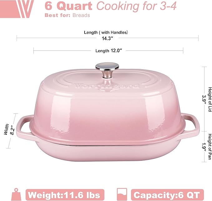 VORRINGARD Enameled Cast Iron Dutch Oven Pot with Dome Lid, Oval Bread Oven for Homemade Sourdough Bread Baking, Oven Safe up to 500°F, 6 Quart, Pink