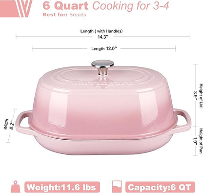 VORRINGARD Enameled Cast Iron Dutch Oven Pot with Dome Lid, Oval Bread Oven for Homemade Sourdough Bread Baking, Oven Safe up to 500°F, 6 Quart, Pink