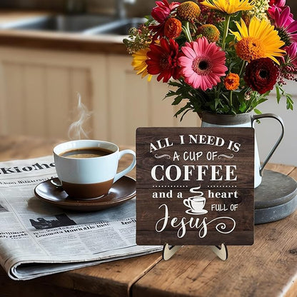 Coffee Bar Sign Plaque Decor-A Heart Full of Jesus,Cafe Bar Accessories,Christian Rustic Wooden Tabletop Plaque with Stand, Faith Scripture Mini Counter Sign for Kitchen Coffee Station Office 5.9x5.9 - Image 5