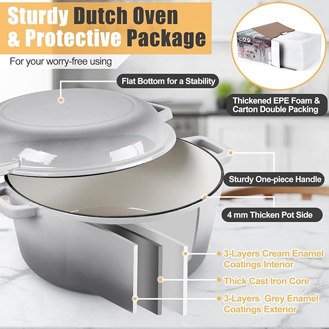 P&P CHEF 5Qt Dutch Oven Pot for Bread Baking (Gray), 2 In 1 Round Cast Iron Dutch Oven with Lid Set, Skillet & Pot for Roasting Braising Stewing Frying Simmering, Multi Stoves & Oven Safe - Image 3