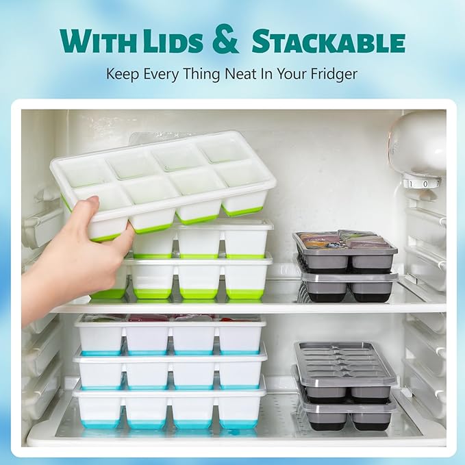 Large Ice Cube Trays with Lid, Jrisbo 2 Pack Stackable Silicone Ice Cube Molds for Freezer, Easy Release 16 Big Square Ice Trays for Whisky Cocktails (4 Black Gray) - Image 3