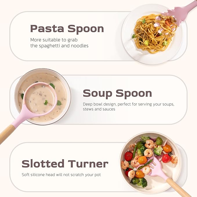 Astercook Kitchen Utensils set, 39 PCS Silicone Cooking Utensils Set with Wooden Handle, 446°F Heat Resistant Food Grade Utensil Sets, BPA Free Kitchen Gadgets Tools Set for Mothers Day Gifts - Image 6