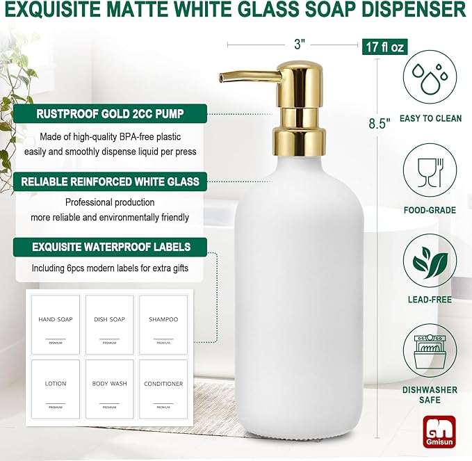 GMISUN White Soap Dispenser, 2 Pack Glass Hand Soap Dispensers Bathroom with Gold Pump, 17 Fl Oz Dish Soap Dispenser Set for Kitchen, Refillable Modern Liquid Soap and Lotion Dispensers Bottle - Image 3