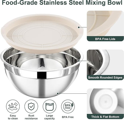 5 Piece Stainless Steel Mixing Bowls with Lids Set - Khaki Nesting Metal Mixing Bowls for Kitchen, Sizes 4.5, 4, 3.5, 2.1, 1.5 Qt for Baking, Cooking and Serving, Dishwasher Safe