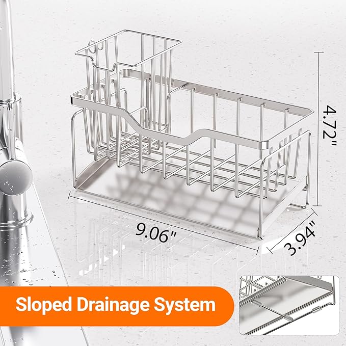 StorageRight Kitchen Sink Caddy Organizer, Rustproof Sponge Holder for Kitchen Sink, Instant Dry High Brush Holders with Drain Tray, Anti-Slip Sink Storage Organization Essentials, Silver - Image 5