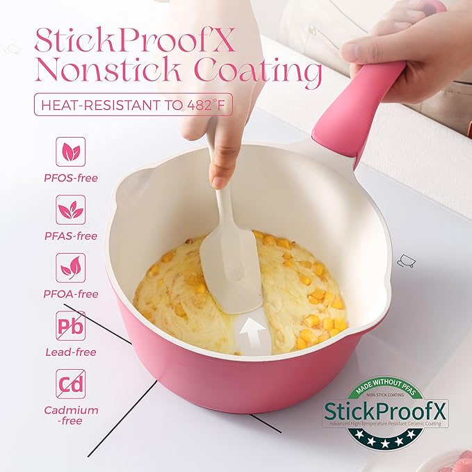 PRICUSIS Nonstick Saucepan with Lid, 2.7 Quart Non Toxic Pot with Pour Spouts, Full Coated, 100% Dishwasher Safe, Induction Compatible & Oven Safe, PTFE, PFOA & PFAS Free, Raspberry Red - Image 2