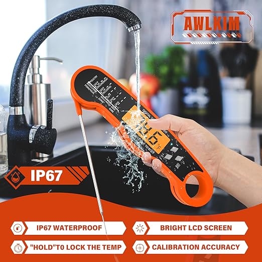 AWLKIM Digital Meat Thermometer with Doneness Chart, 2-Sec Instant Read Food Thermometer for Cooking, Grilling, Oven, Air Fryer - Waterproof Backlit Magnetic Flip Probe, Gift for Men, Dad - Orange - Image 4