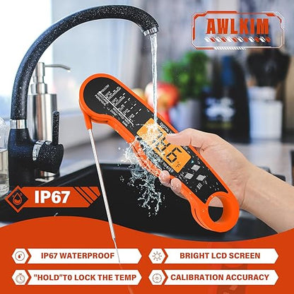 AWLKIM Digital Meat Thermometer with Doneness Chart, 2-Sec Instant Read Food Thermometer for Cooking, Grilling, Oven, Air Fryer - Waterproof Backlit Magnetic Flip Probe, Gift for Men, Dad - Orange - Image 4