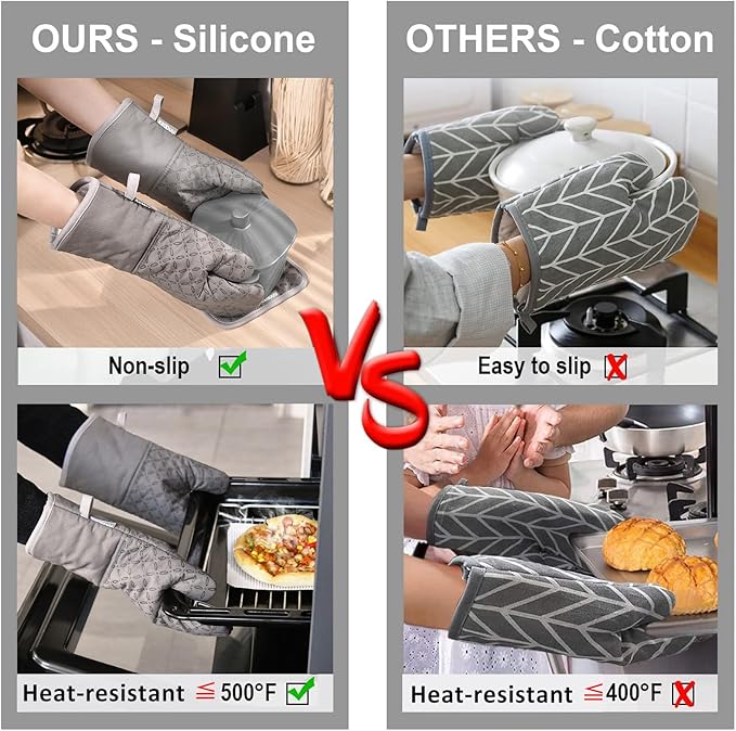 KEGOUU Oven Mitts and Pot Holders 6pcs Set, Kitchen Oven Glove High Heat Resistant 500 Degree Extra Long Oven Mitts and Potholder with Non-Slip Silicone Surface for Cooking (Grey) - Image 4