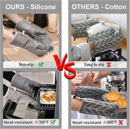 KEGOUU Oven Mitts and Pot Holders 6pcs Set, Kitchen Oven Glove High Heat Resistant 500 Degree Extra Long Oven Mitts and Potholder with Non-Slip Silicone Surface for Cooking (Grey) - Image 4