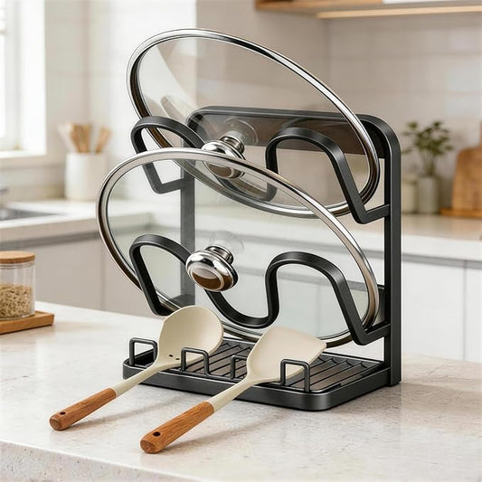 Kitchen Pot Lid Storage Rack: Carbon Steel Double-Layer Holder & Spoon Rest with Removable Drip Tray, Pot Cover Holder While Cooking, Pot Lid Organizer for Kitchen Counter Space Saving(Gray) by AMDISI