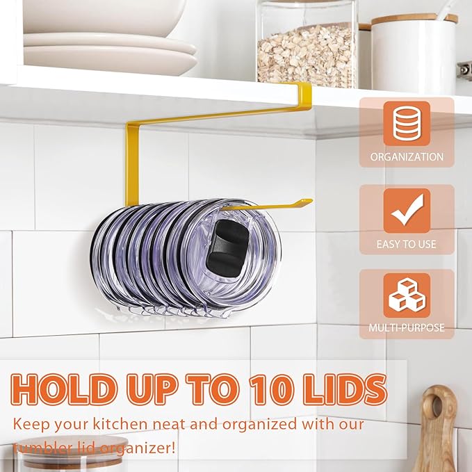 Tumbler Lid Organizer, Horizontal Tumbler Lid Storage Hook Up to 10 Lids, Space Saving Cup Lid Holders Under Cabinet Tumbler Lid Hook for Kitchen Organizer and Storage, Paper Towel Rack Hanger (Gold) - Image 2