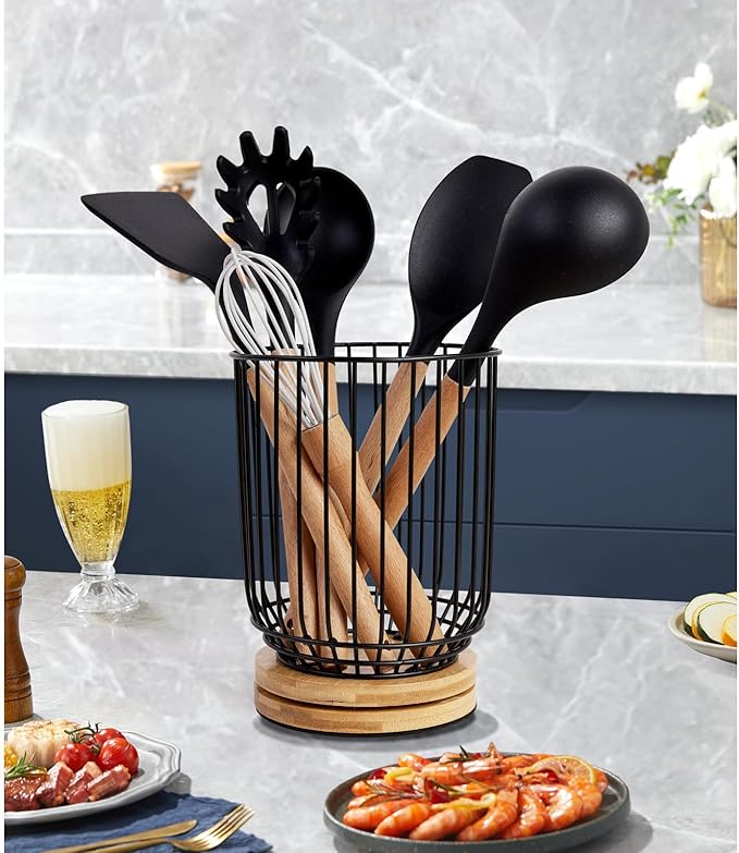 WDT Tool Utensil holder for Kitchen Counter，Large Utensils Holder For Farmhouse Cooking, Utensil Caddy Spatula Holder (Rotating+Metal+Bamboo-1) - Image 5
