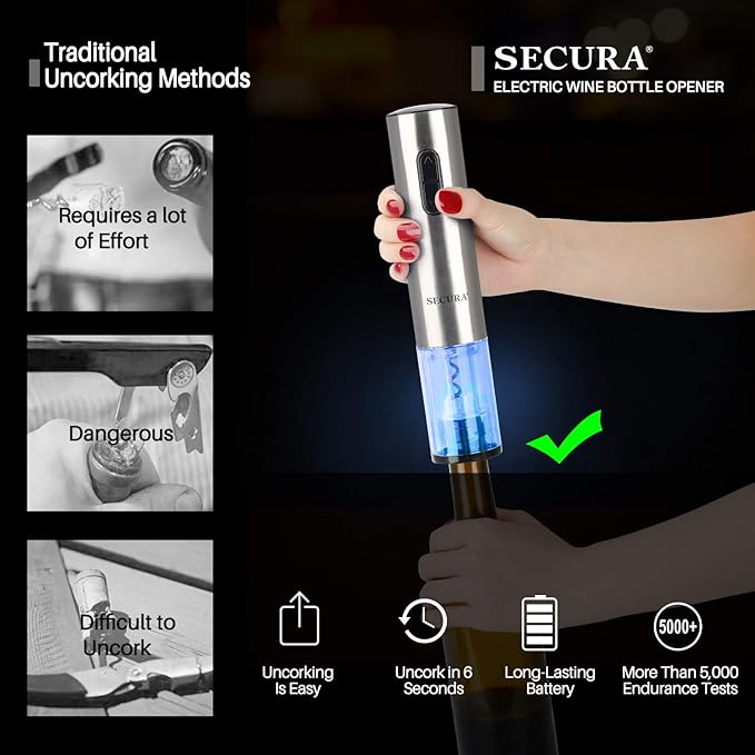 Secura Electric Wine Opener, Automatic Electric Wine Bottle Corkscrew Opener with Foil Cutter, Rechargeable (Stainless Steel) - Image 2
