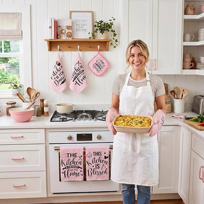 Bencailor 12 Pcs Farmhouse Kitchen Decorations Sets 8 Pink Black Kitchen Dish Towels 2 Pot Holders 2 Oven Mitts Glove Rustic Hand Towels and Dishcloths for Home Accessories Mom Gifts