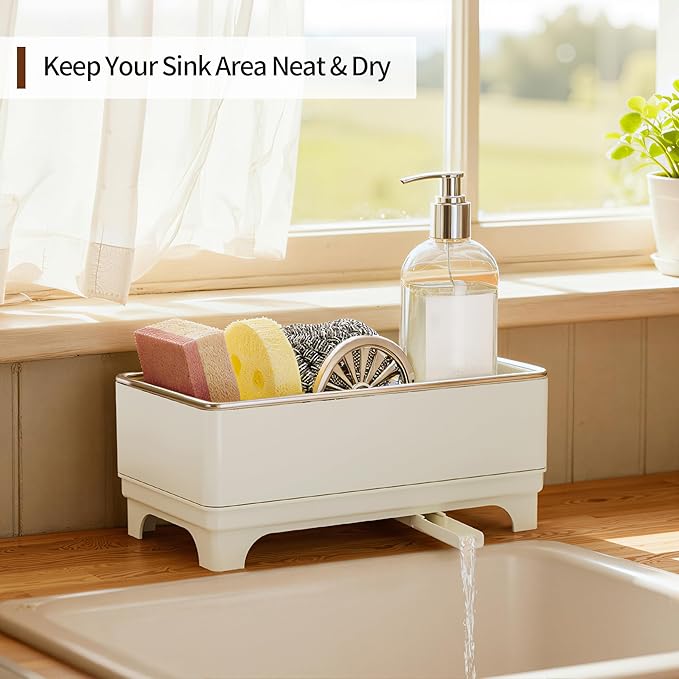 Sponge Holder for Kitchen Sink – Rustproof Stainless Steel, 360° Rotating Drain Pipe, Large Counter Organizer with Drip Tray for Sponges, Brushes & Dish Cloths Off-white - Image 7
