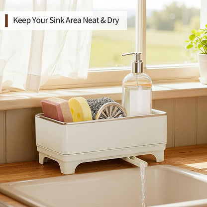 Sponge Holder for Kitchen Sink – Rustproof Stainless Steel, 360° Rotating Drain Pipe, Large Counter Organizer with Drip Tray for Sponges, Brushes & Dish Cloths Off-white - Image 7