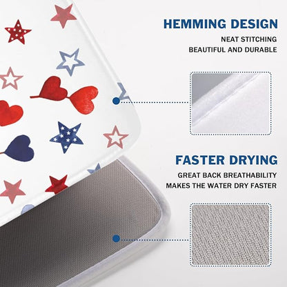 4th of July Dish Drying Mat for Kitchen Counter Patriotic Red Blue Star Love Heart Pattern Microfiber Dish Drainer Mat Independece Day Absorbent Washable Drying Pad Extra Large 18"x24"