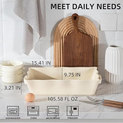 Sweejar Casserole Dishes for Oven, Ceramic 9x13 Baking Dish, Wave Edge Bakeware with Handles, Large Rectangular Lasagna Pan Deep for Roasting, Baking, Cooking, Banquet and Daily Use (Beige) - Image 2