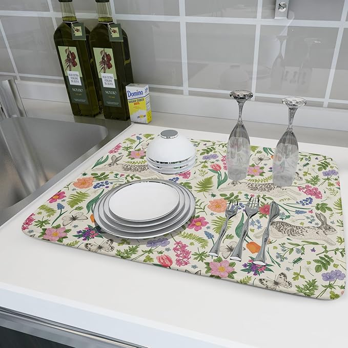 Spring Easter Dish Drying Mat for Kitchen Counter 18x24 Rabbit Bunny Green Pink Floral Vintage Print Absorbent Reversible Microfiber Drying Mats Kitchen Countertop Protector Dishes Drainer Rack Pad - Image 6