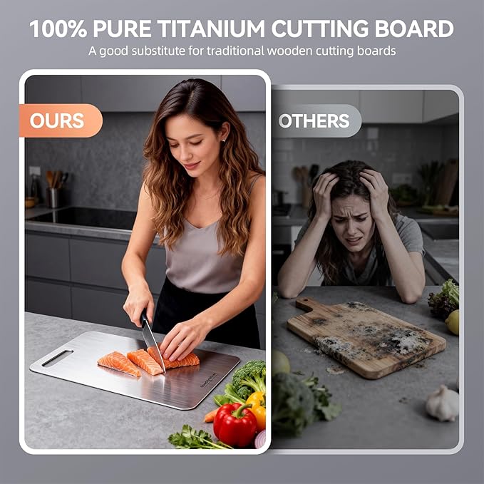 Titanium Cutting Boards, 100% Pure Titanium Kitchen Cutting Board, Double-Sided Non-Toxic Cutting Board, Ideal for Slicing and Dicing Meats, Features Handle, Dishwasher Safe,13"L*8"W - Image 2