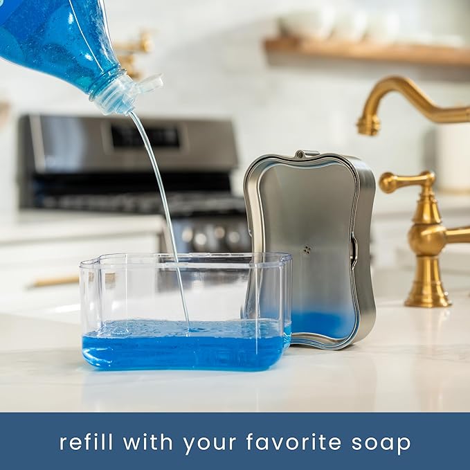 S&T INC. Dish Soap Dispenser and Sponge Holder for Kitchen Sink, Sponge Included, 13 Ounces, Metallic Silver - Image 3