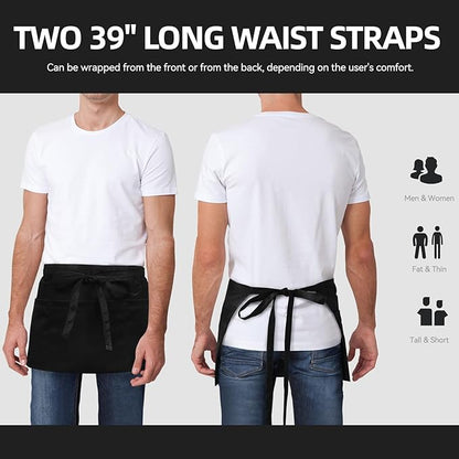 NLUS 1 Pack Server Apron with 3 Pockets, Water Oil Stain Resistant Waitress Waiter Apron Black Waist Aprons Bistro Apron for Women Men, 24 X 12 inch