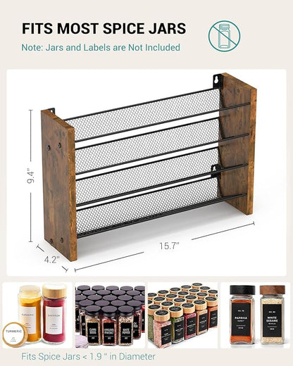 NESAPTO Spice Rack Organizer for Cabinet, Wood 4-Tier Vertical Seasoning Organizer, Wall Mount or Countertop Spice Shelf, Holds 32 Jars (No Jars Included), 15.7" W x 9.4" H