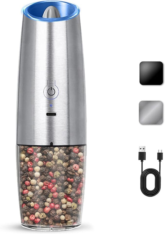 Rechargeable Electric Salt And Pepper Grinder Set, Automatic Gravity Electric Salt And Pepper Grinder Set, Adjustable Roughness, Led Light, 1 Pack, (Silver) by KIARYUOLL