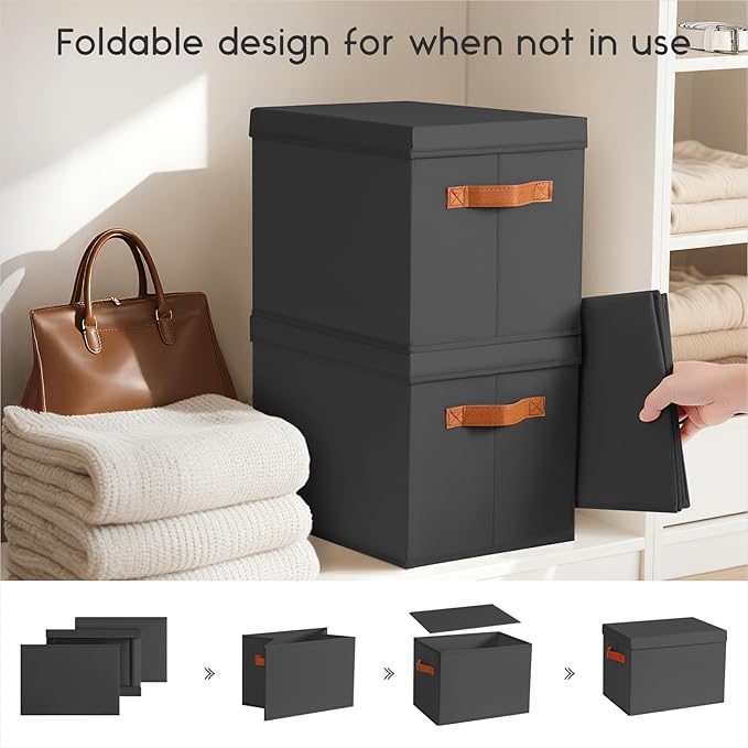 Homsorout Storage Bins with Lids - Fabric Storage Baskets for Shelves, 8 Pack Foldable Decorative Boxes with Handles, Stackable Organizer Bins for Home, Nursery, Dorm, Black