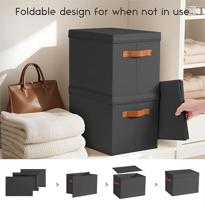 Homsorout Storage Bins with Lids - Fabric Storage Baskets for Shelves, 8 Pack Foldable Decorative Boxes with Handles, Stackable Organizer Bins for Home, Nursery, Dorm, Black