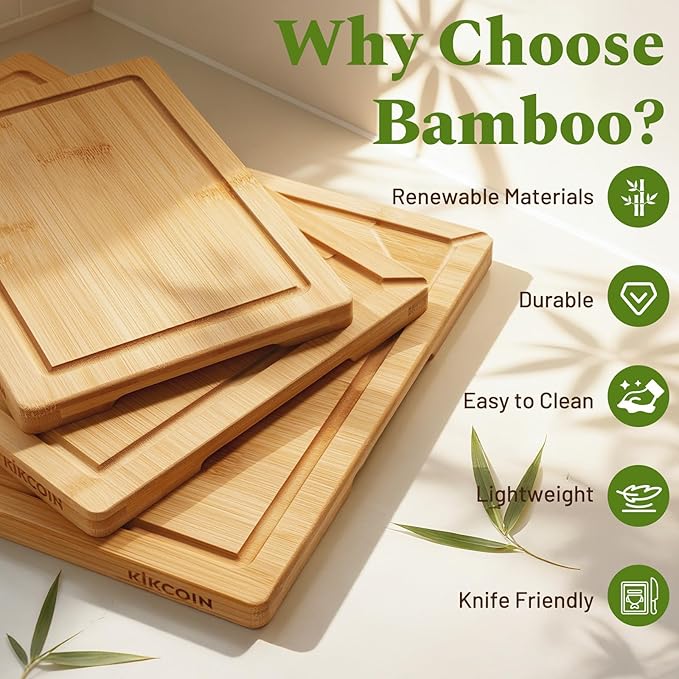 Kikcoin Over Sink Bamboo Cutting Boards for Kitchen - 3+1 Piece Self-Draining Healthy Wood Cutting Board Set with Built in Handle& Spout, Charcuterie& Meat Extra Large Butcher Chopping Boards, Natural - Image 6
