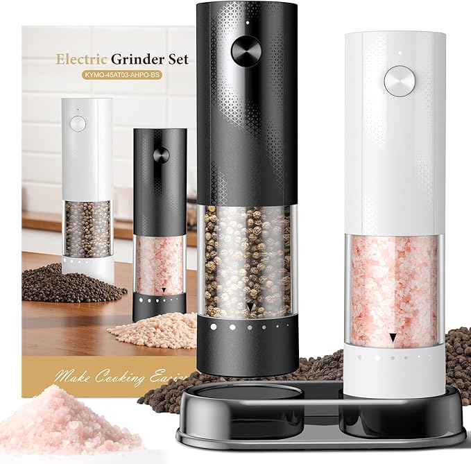 Electric Salt and Pepper Grinder Set - Rechargeable Automatic Salt and Pepper Shakers, Kitchen Appliances with External Adjustable Coarseness, Larger Hopper for Cooking, Home Gifts(2 Pack,Black/White) by Unknown