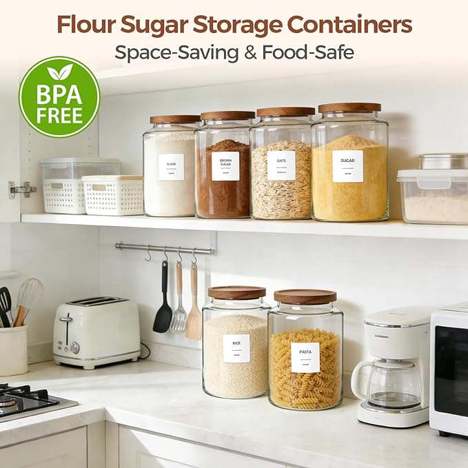 ComSaf 2Pcs (4.2Qt) Wide-Mouth Flour Sugar Storage Containers - Include Scoops & Labels, Easy to Scoop & Airtight, Large Glass Jar for Bakers to Store Bulk Flour, Rice, and Dry Goods in Kitchen Pantry - Image 4