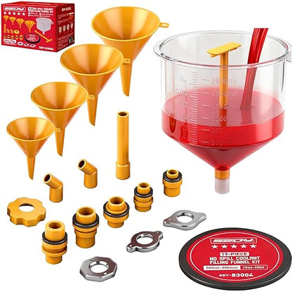 Ultimate No Spill Coolant Funnel Kit - 19-Piece Spill-Free Radiator Funnel Set, Spill Proof Radiator Bleeder Kit, Coolant Filling, Radiator Filler, Extra Funnels and Adapters for Universal Vehicle by SEDY