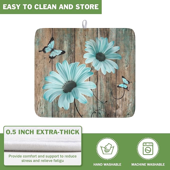 Teal Sunflowers Drying Mat 18x16 Inch, Summer Wooden Board Drying Mat with Absorbent Reversible Microfiber, Rustic Dish Drainer Mats Shabby Chic Floral Rack Pad for Coffee Countertop Kitchen Protector