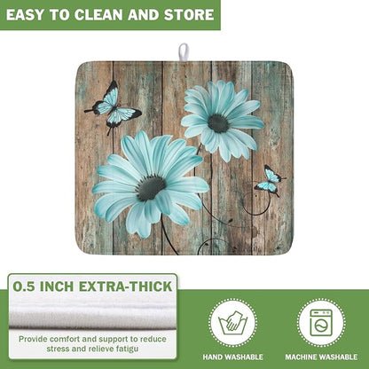 Teal Sunflowers Drying Mat 18x16 Inch, Summer Wooden Board Drying Mat with Absorbent Reversible Microfiber, Rustic Dish Drainer Mats Shabby Chic Floral Rack Pad for Coffee Countertop Kitchen Protector