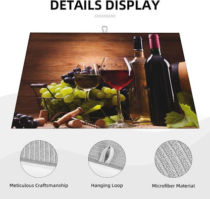 Red White Wine Dish Drying Mat Retro Fruit Grapes Wooden Board Drying Rack Pad Countertop Dishes Ultra Absorbent Microfiber Kitchen Counter Mat 18x24 Inch