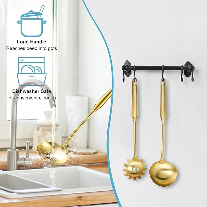 Gold Soup Ladle - Stainless Steel Ladle Spoon, 13.8"Large Soup Spoons [Integral Forming, Heat Resistance] Kitchen Metal Ladel for Cooking, Serving, Stirring, Canning，Sauce, Wok & Soup, Christmas Gifts - Image 2
