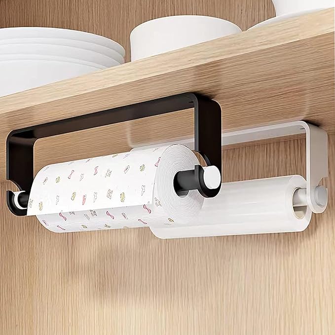 Aheucndg Under Cabinet Paper Towel Holder, Self Adhesive Wall Mount Paper Towel Holder for Kitchen or Bathroom Paper Towel Rack (Black)