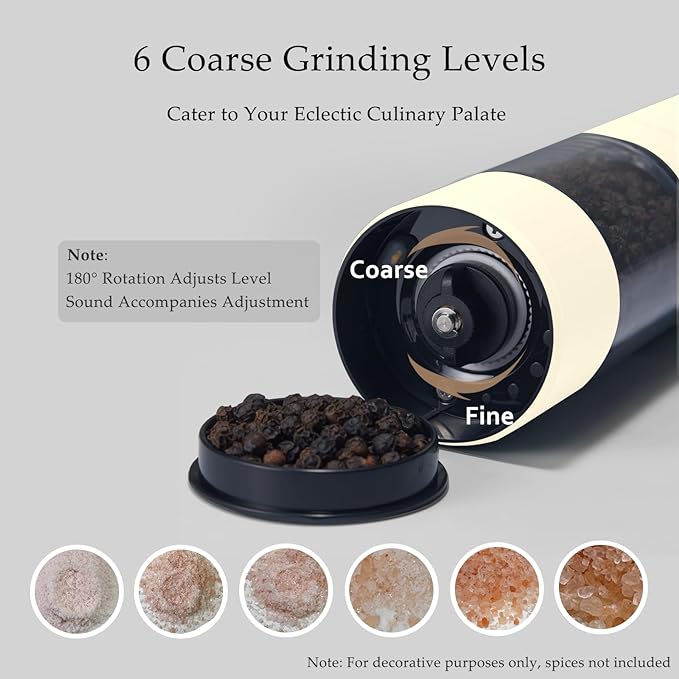 Electric Salt and Pepper Grinder Set, USB Rechargeable, Automatic Salt and Pepper Mill Grinder with Adjustable Coarseness, Electric Salt Shakers, LED Light, Refillable (2 Packs, Greige&Buttercream) - Image 5